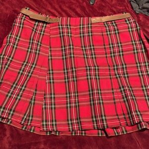 DKNY Red Plaid Mini Skirt with Tan Belt